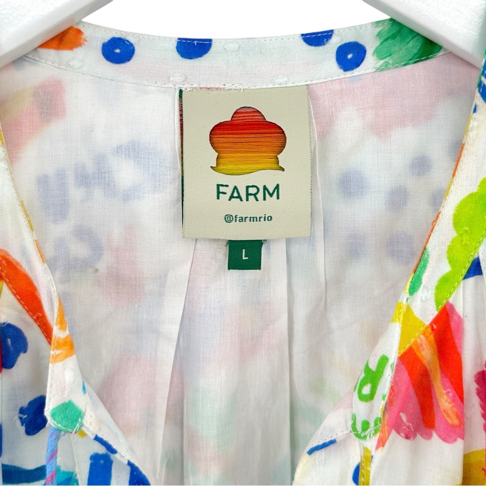 Farm Rio White Colorful Jungle Print Mini Dress w/ Waist Tie & Tassels sz L - Picture 6 of 10